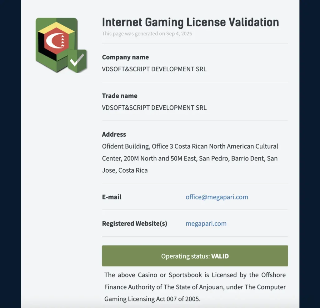 Validation of the official Megapari gaming license