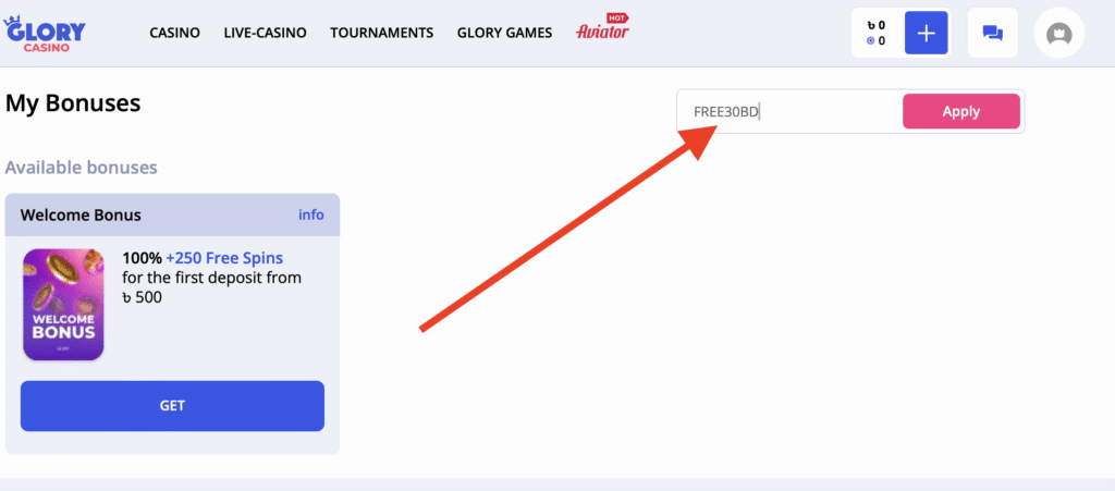 Glory Casino promo code added
