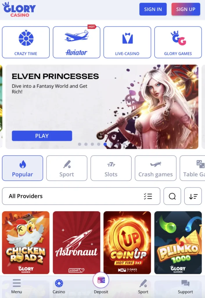 Главный интерфейс официального мобильного приложения Glory Casino для Android в Казахстане.