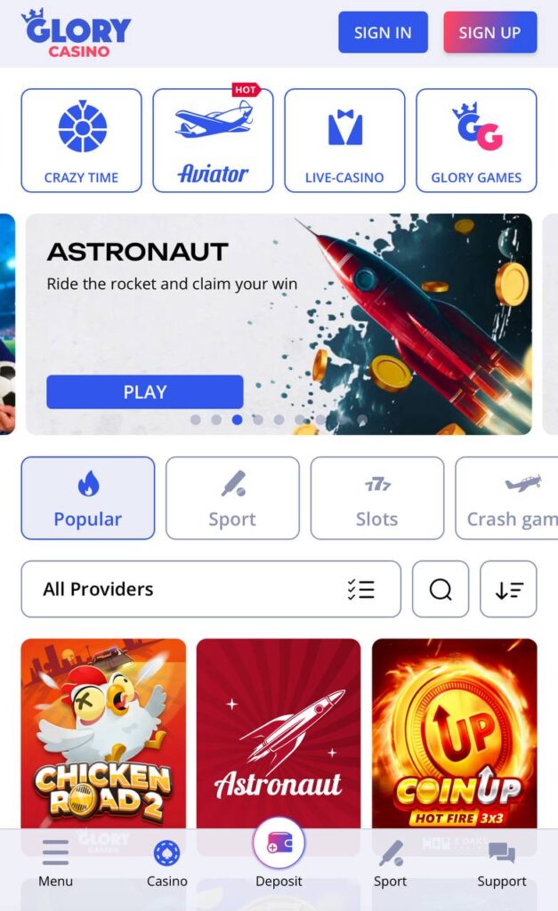 Веб-сайт Glory Casino, работающий как веб-приложение на Apple iPhone для пользователей iOS.