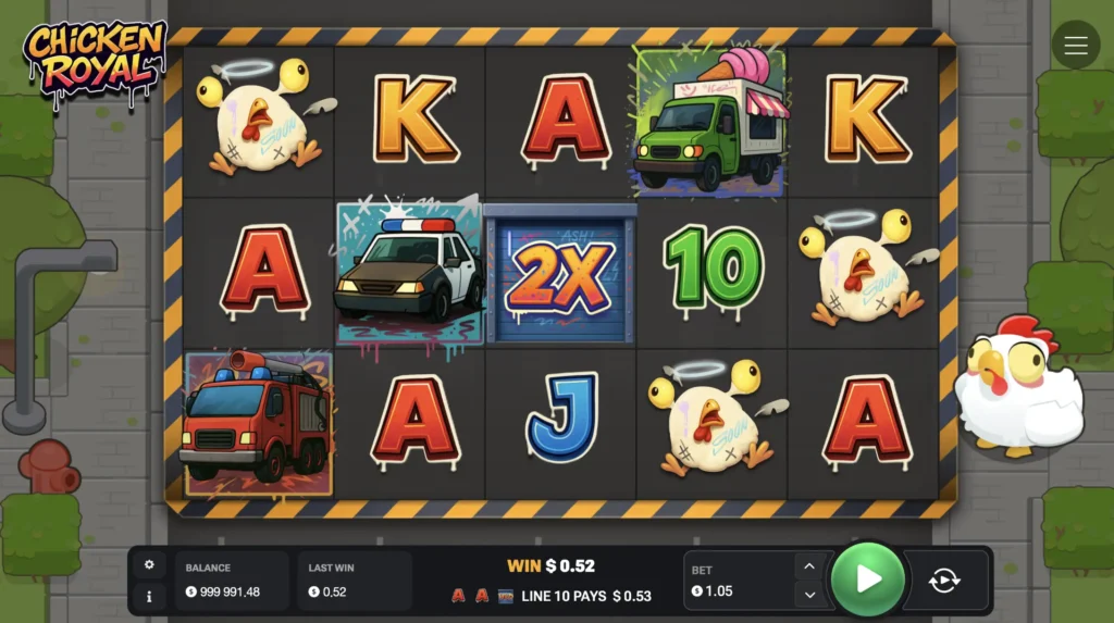 The main gameplay interface of the Chicken Royal slot, showcasing its urban theme and 5x3 grid