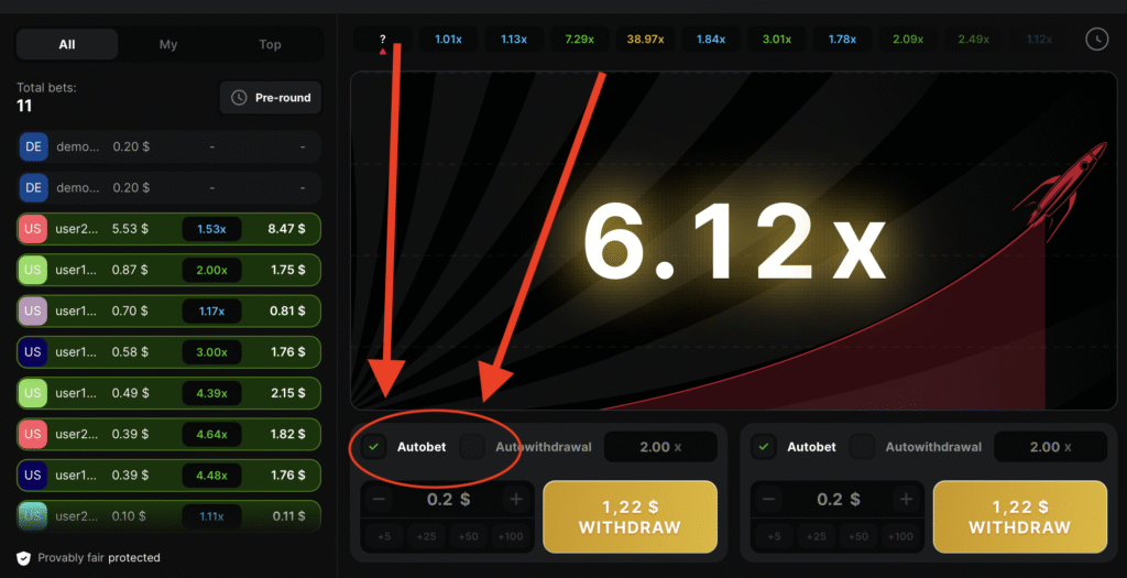 A successful autobet withdrawal in the Astronaut game at Glory Casino showing the possibility winning amount.