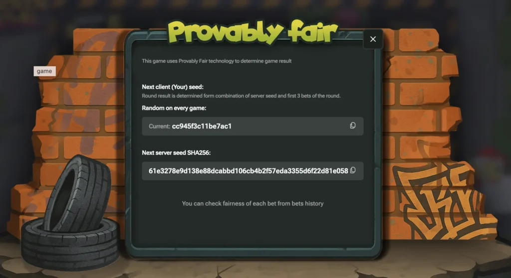 The Provably Fair technology interface in Chicken Royal, showing the server seed for verifying the fairness of each spin.