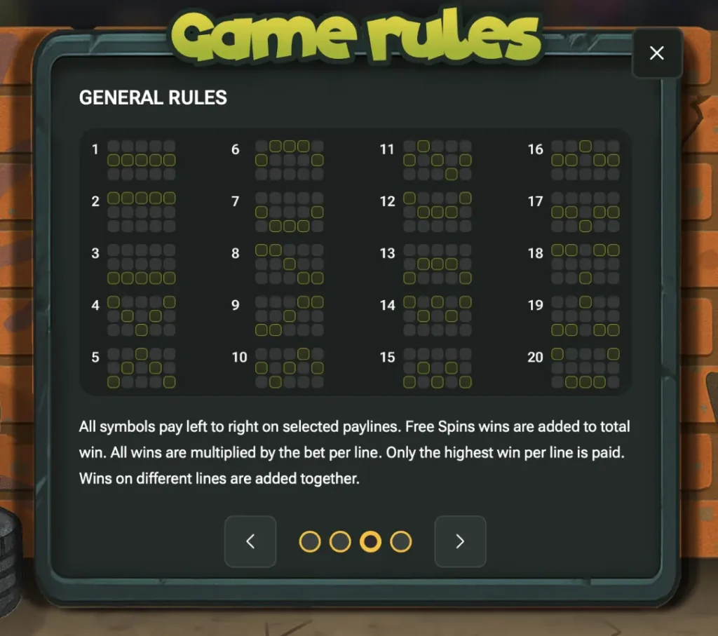 A visual diagram showing all 20 fixed paylines in the Chicken Royal slot.