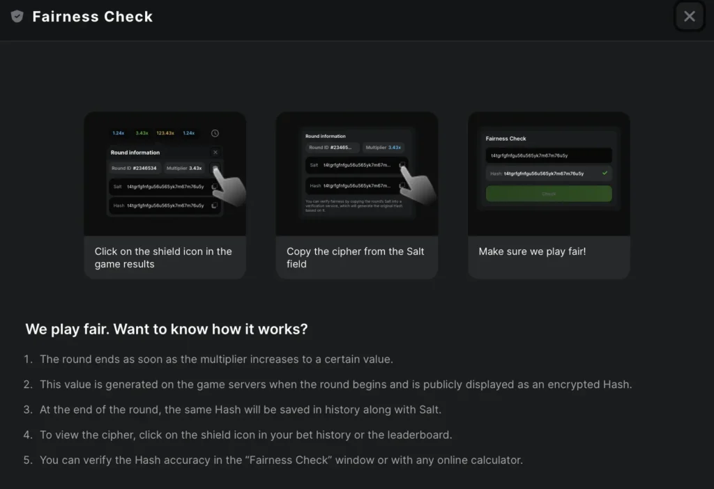 The Provably Fair check system in the Astronaut crash game, showing how to verify results.