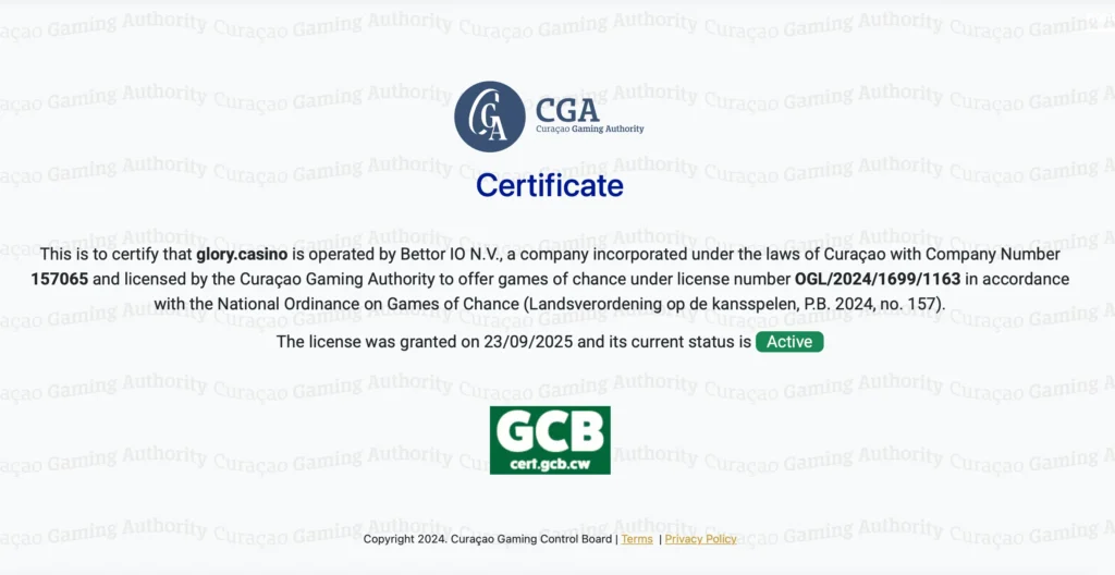 Glory Casino's Official and Active License Certificate from the GCB