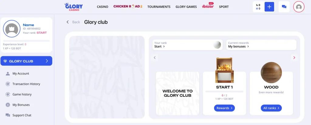 The Glory Club loyalty program dashboard at Glory Casino, showing the user's current rank as 'Start' and the upcoming ranks.