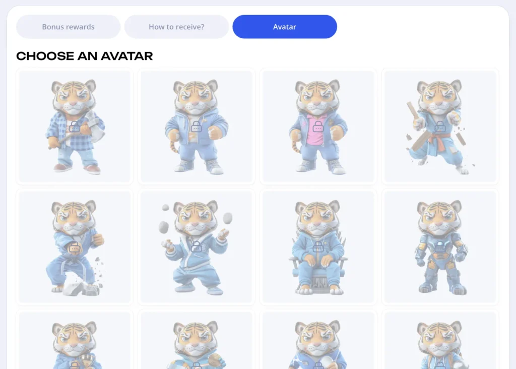 Choose an avatar screen in the Glory Club: a collection of tiger characters in various outfits for player profile customization