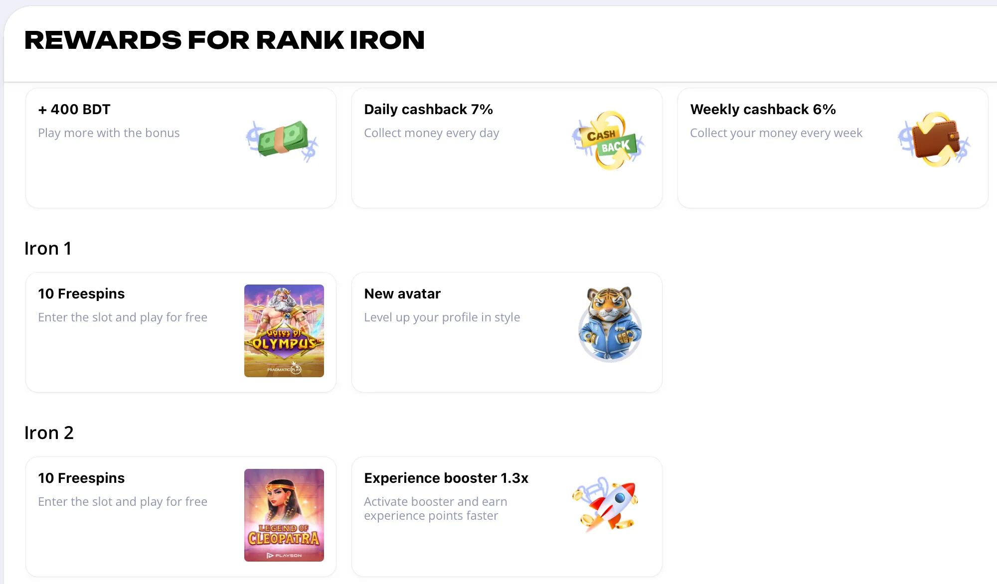 Rewards for reaching the IRON rank at Glory Casino, featuring a 400 BDT bonus, 7% daily cashback, and 10 freespins.