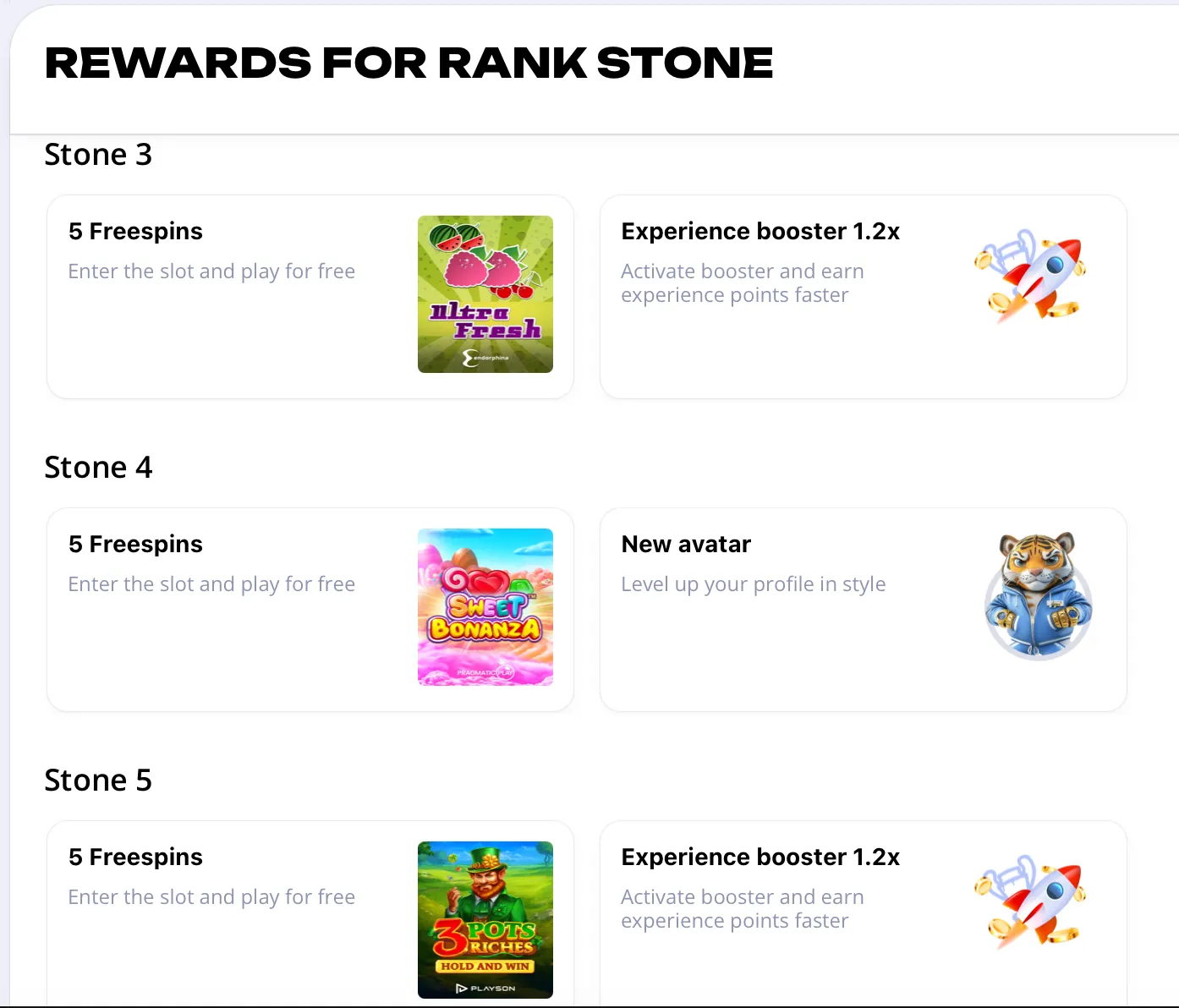 Bonuses for STONE rank sub-levels at Glory Club, including experience boosters and freespins for Sweet Bonanza.