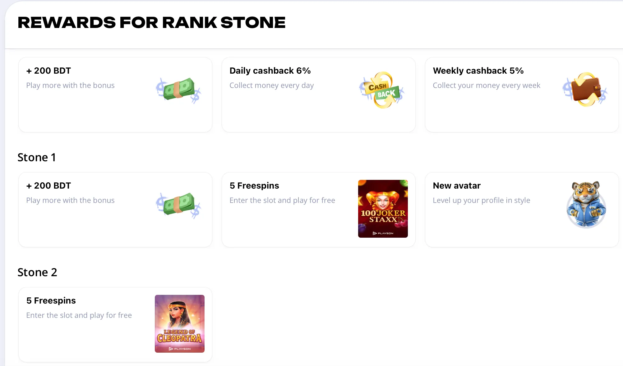 Rewards for the STONE rank in Glory Casino's loyalty program, showcasing a 200 BDT bonus, increased cashback, and freespins.