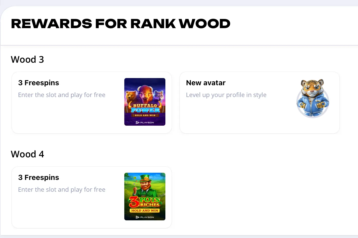 Freespin rewards for WOOD rank sub-levels at Glory Club, featuring slots like Buffalo Power and 3 Pots Riches.