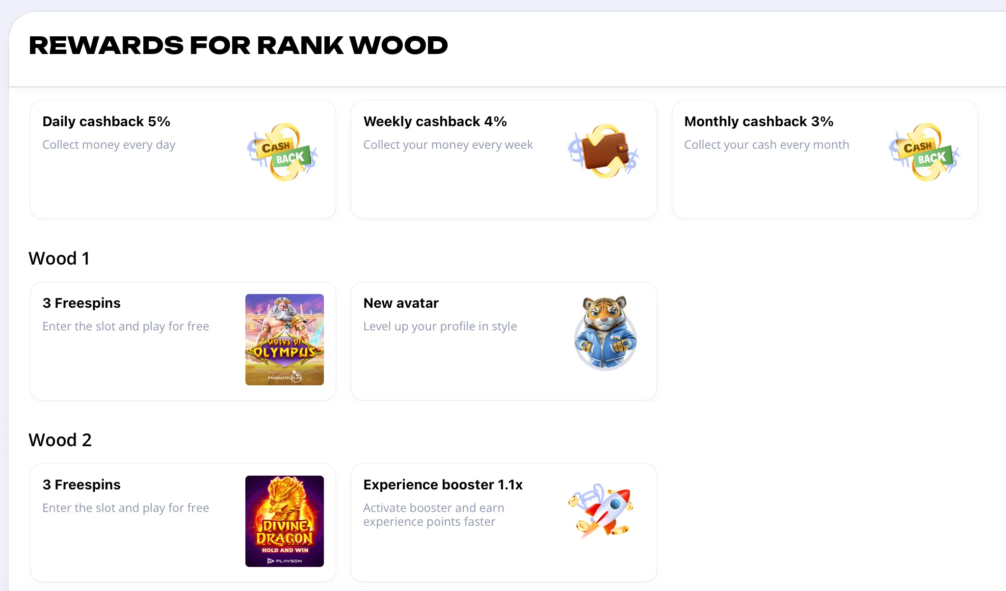 Rewards for the WOOD rank at Glory Casino Bangladesh, including daily cashback, weekly cashback, and freespins for Gates of Olympus.