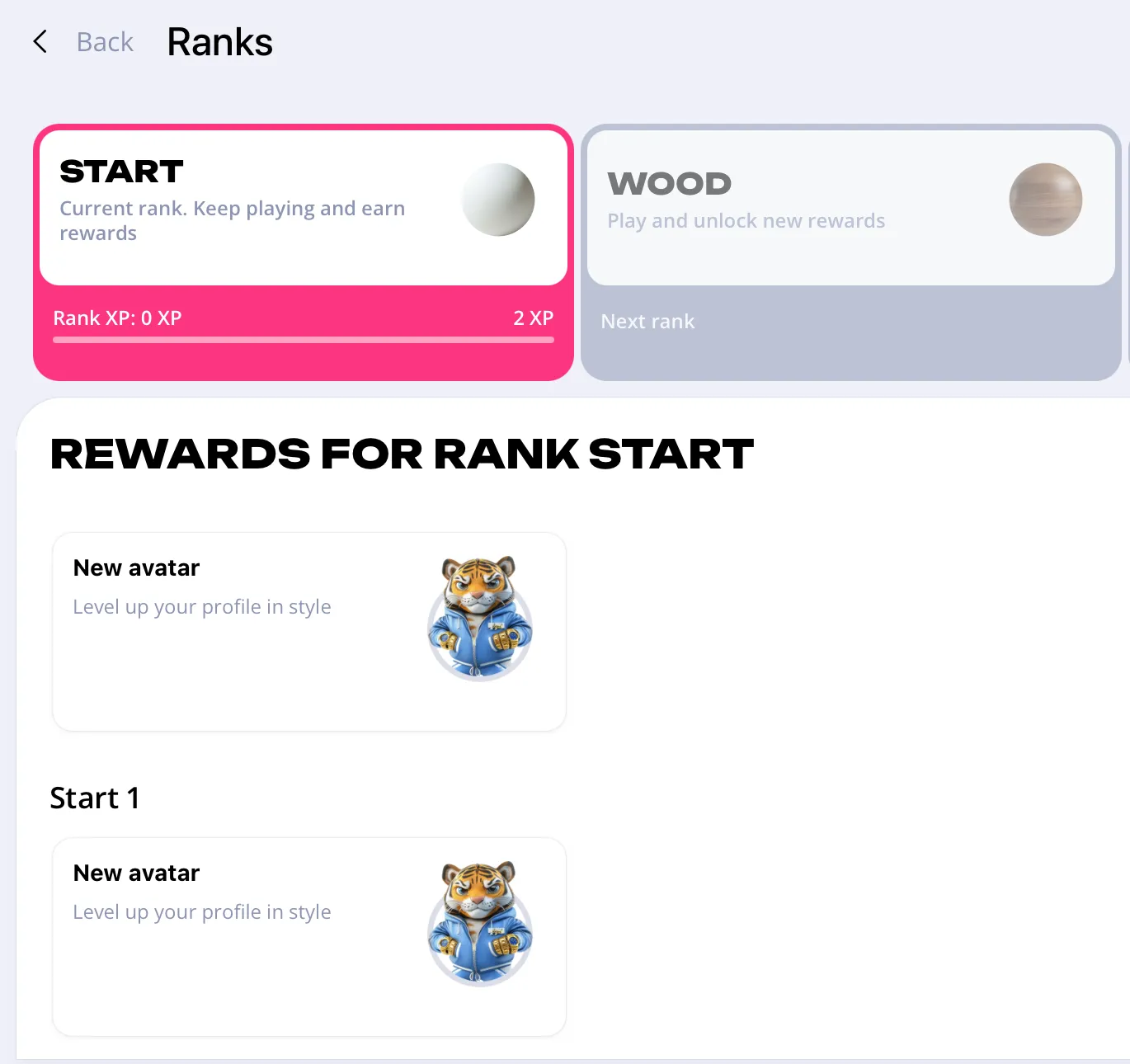 The starting ranks in the Glory Casino loyalty program for Bangladesh players: START and WOOD, with initial avatar rewards.