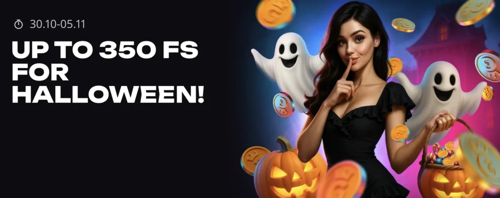 A woman in a dark dress holds a basket of golden coins, with smiling ghosts and jack-o'-lanterns celebrating the Glory Casino Halloween promotion.