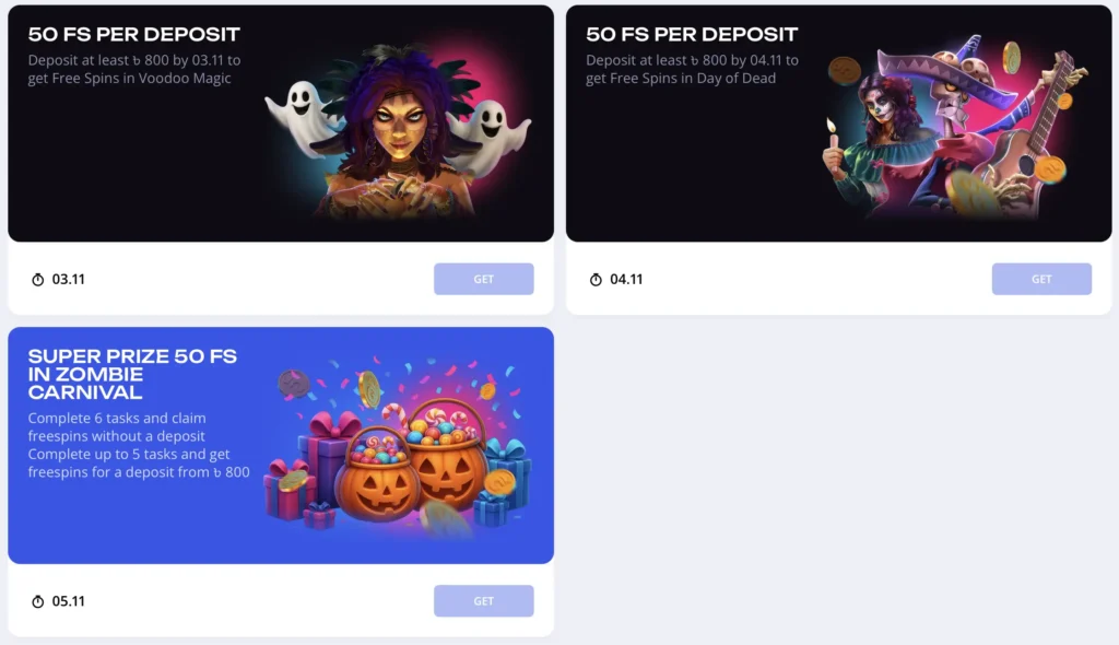 A vibrant graphic announcing the Super Prize of 50 Free Spins in Zombie Carnival, with cartoon jack-o'-lanterns filled with treats.